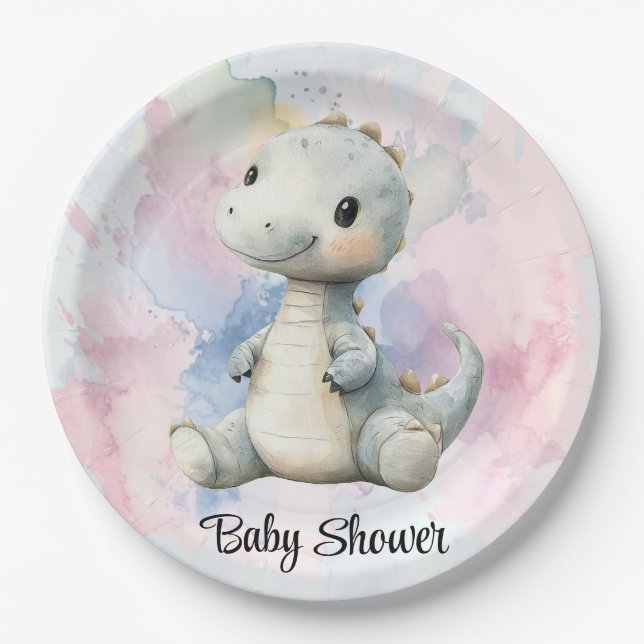 Pastel Paint Splash Adorable Dinosaur Baby Shower Paper Plate (Front)