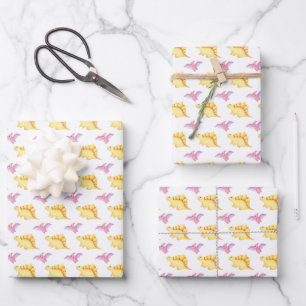 Pastel Painted Baby Dinosaurs Wrapping Paper Sheet