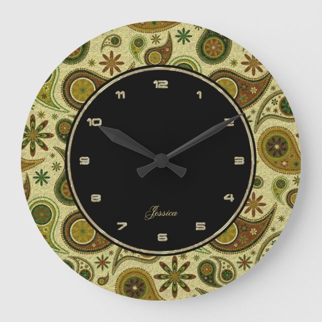 Pastel Paisley And Flowers Pattern Large Clock (Front)