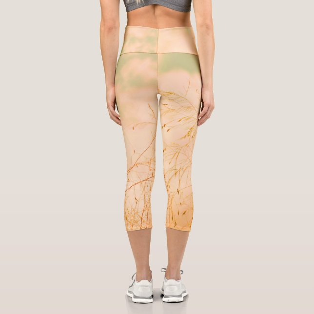 Pastel Pale Golden Tree Brunches Sky Capri Leggings (Back)