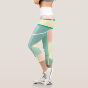 Pastel Pale Turquoise Pink Abstract Art Lines Capri Leggings