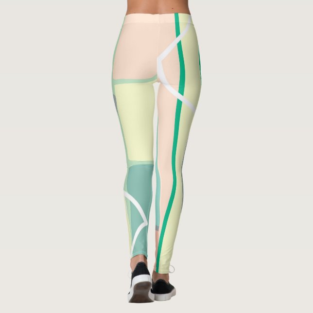 Pastel Pale Turquoise Pink Abstract Art Lines Leggings (Back)