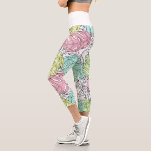 Pastel palm leaves tropical watercolor  capri leggings