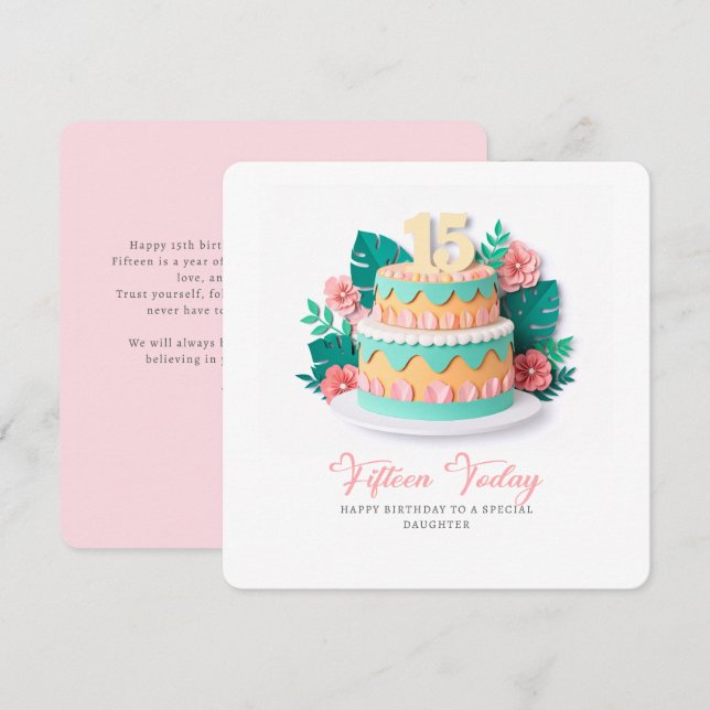Pastel Paper-Cut Cake 15th Birthday Card (Front/Back)