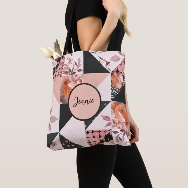 Pastel Patchwork Farmhouse Quilt Pattern Colourful Tote Bag (Close Up)
