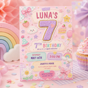 Pastel Patchwork Rainbow 7th Birthday Party Girl Invitation