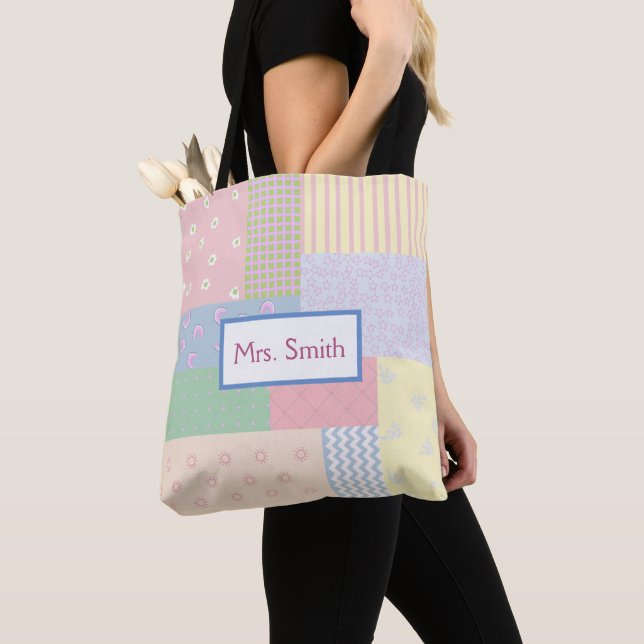 Pastel Patchwork Tote Bag (Close Up)