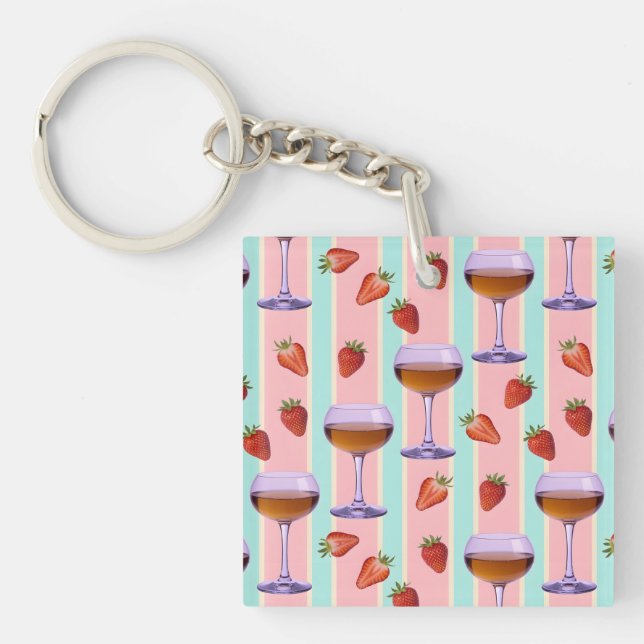 Pastel Pattern with Wine Glasses and Strawbefries Key Ring (Front)