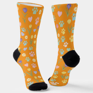 Pastel Paw Print and Hearts Floral Socks