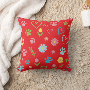Pastel Paw Print and Hearts Throw Pillow
