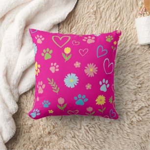 Pastel Paw Print and Hearts Throw Pillow