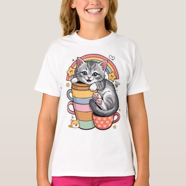  Pastel Paws & Rainbow Sips Kids Basic T-Shirt (Front)