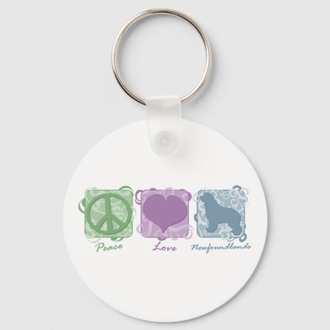 Pastel Peace, Love, and Newfoundlands Key Ring (Front)