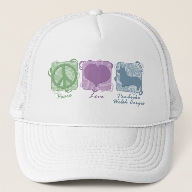 Pastel Peace, Love, and Pembroke Welsh Corgis Trucker Hat (Front)