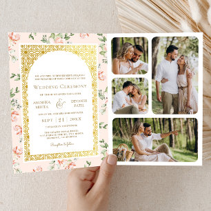 Pastel Peach Floral All in One Gold Indian Wedding Invitation