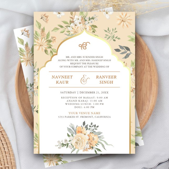 Pastel Peach Floral Anand Karaj Sikh Wedding Invitation (Creator Uploaded)