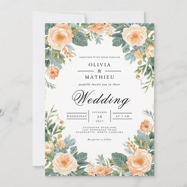 Pastel Peach Floral Border Wedding Invitation (Front)