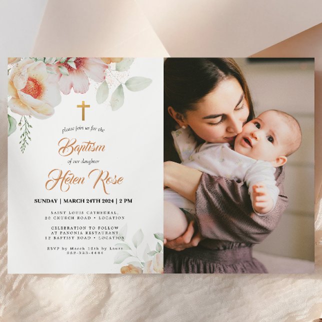 Pastel Peach Floral Watercolor Baptism Invitation (Creator Uploaded)