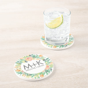 Pastel Peach Flowers Wreath Wedding Design Coaster