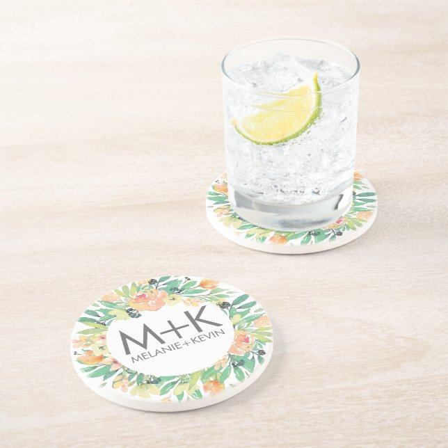 Pastel Peach Flowers Wreath Wedding Design Coaster (Side)