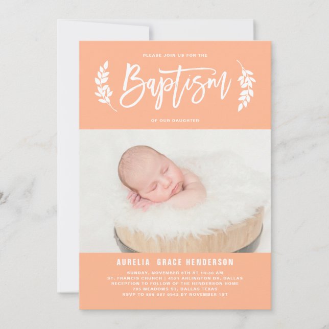 Pastel Peach Laurel Wreath Baby Photo Baptism Invitation (Front)