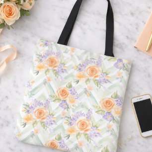 Pastel Peach Lavender Floral Sage Chevron Tote Bag