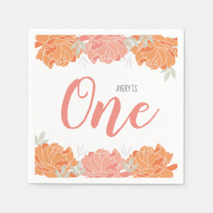 Pastel Peach & Orange Peonies Baby's 1st Birthday Napkin