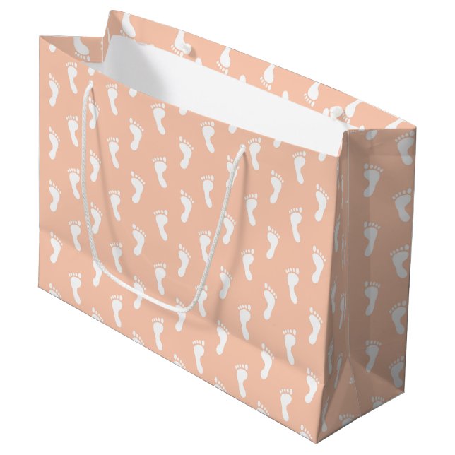 PASTEL PEACH ORANGE ROWS OF BABY FEET LARGE GIFT BAG (Front Angled)