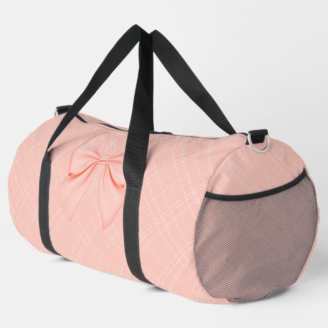 PASTEL PEACH ORANGE & WHITE PLAID PATTERN WITH BOW DUFFLE BAG (Right Corner)