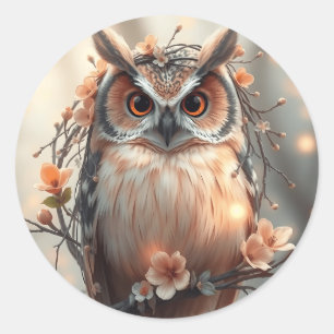 Pastel Peach Owl with Flowers and Twigs Classic Round Sticker