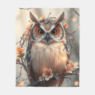 Pastel Peach Owl with Flowers and Twigs Fleece Blanket