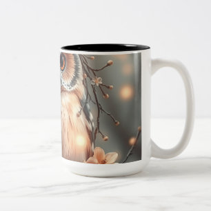 Pastel Peach Owl with Flowers and Twigs Two-Tone Coffee Mug