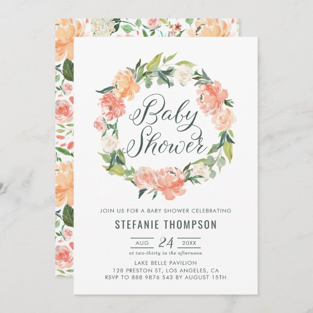 Pastel Peach Peonies Floral Wreath Baby Shower Invitation (Front/Back)