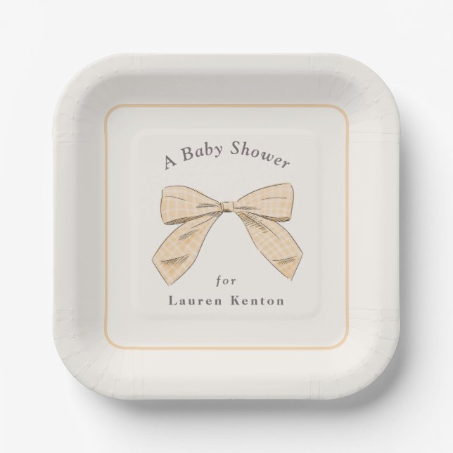 Pastel Peach Plaid Bow Elegant Neutral Baby Shower Paper Plate (Front)