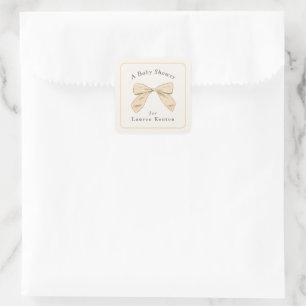 Pastel Peach Plaid Bow Elegant Neutral Baby Shower Square Sticker