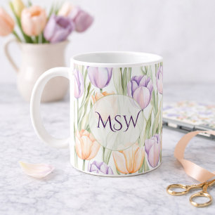 Pastel Peach Purple Tulips Spring Floral Monogram Coffee Mug