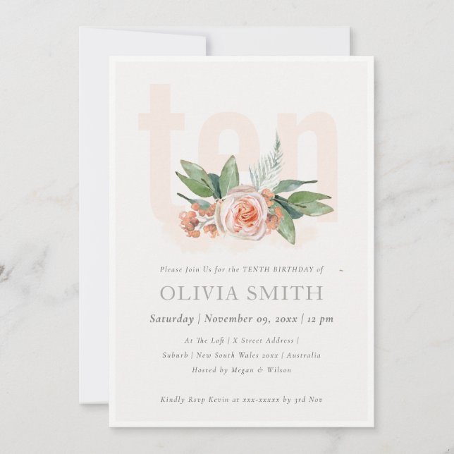 Pastel Peach Rose Floral Bunch 10 Birthday Invite (Front)