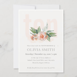 Pastel Peach Rose Floral Bunch 10 Birthday Invite