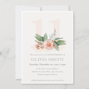 Pastel Peach Rose Floral Bunch 11 Birthday Invite