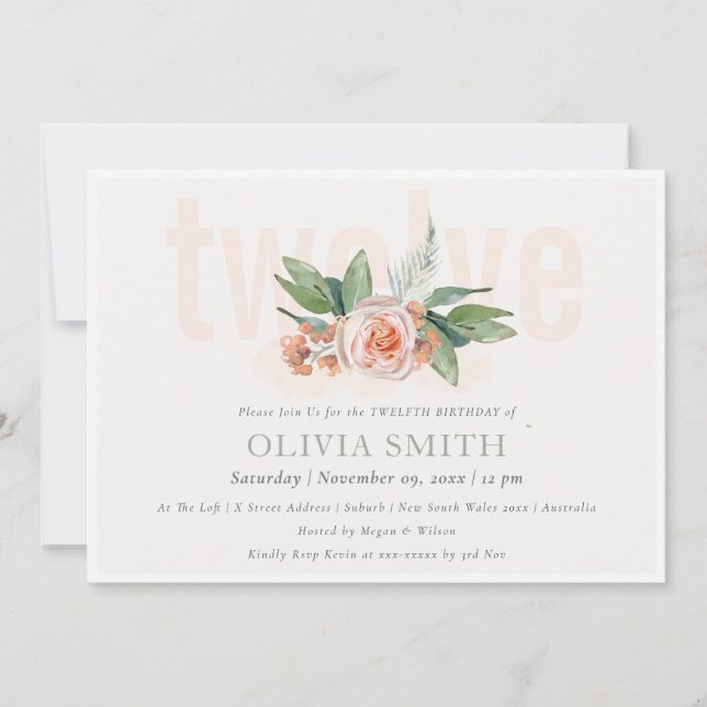 Pastel Peach Rose Floral Bunch 12 Birthday Invite (Front)