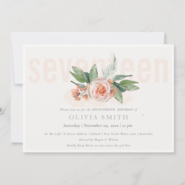 Pastel Peach Rose Floral Bunch 17 Birthday Invite (Front)