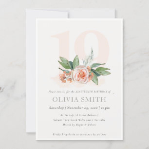 Pastel Peach Rose Floral Bunch 19 Birthday Invite