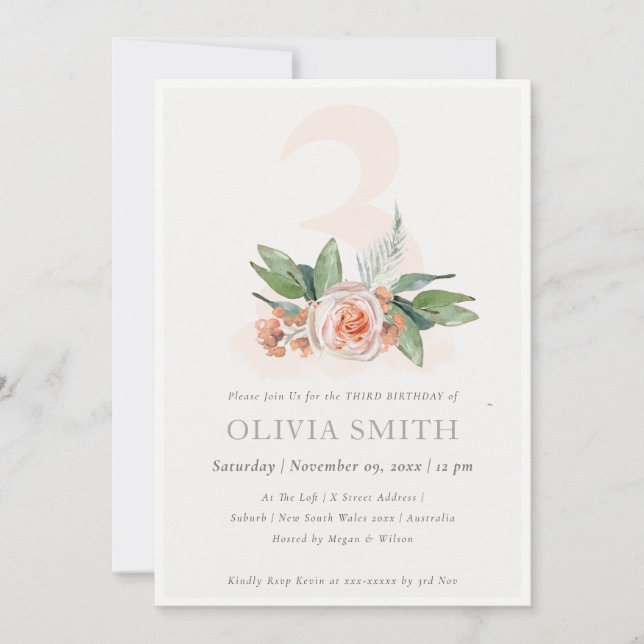 Pastel Peach Rose Floral Bunch 3rd Birthday Invite (Front)