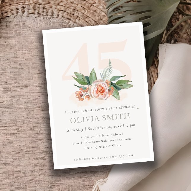 Pastel Peach Rose Floral Bunch 45 Birthday Invite (Creator Uploaded)