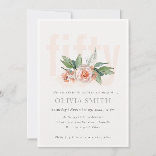 Pastel Peach Rose Floral Bunch 50 Birthday Invite (Front)