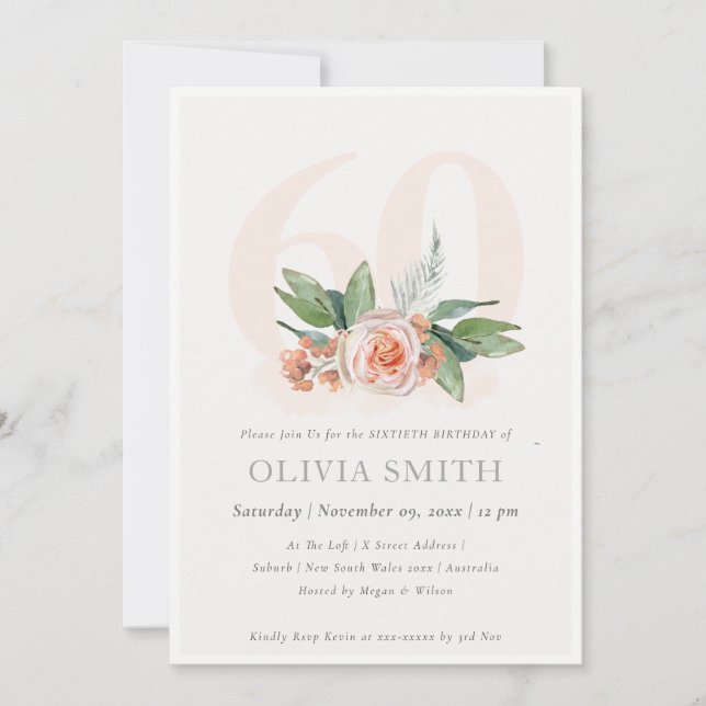 Pastel Peach Rose Floral Bunch 60 Birthday Invite (Front)