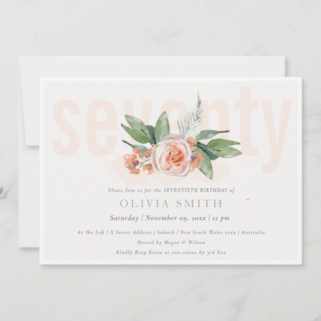 Pastel Peach Rose Floral Bunch 70 Birthday Invite (Front)