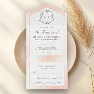 Pastel Peach Striped Crest Monogram Wedding All In One Invitation