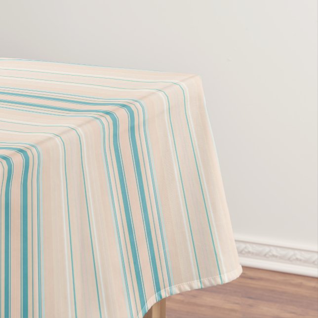 Pastel Peach & Teal Stripes beige Tablecloth (In Situ)