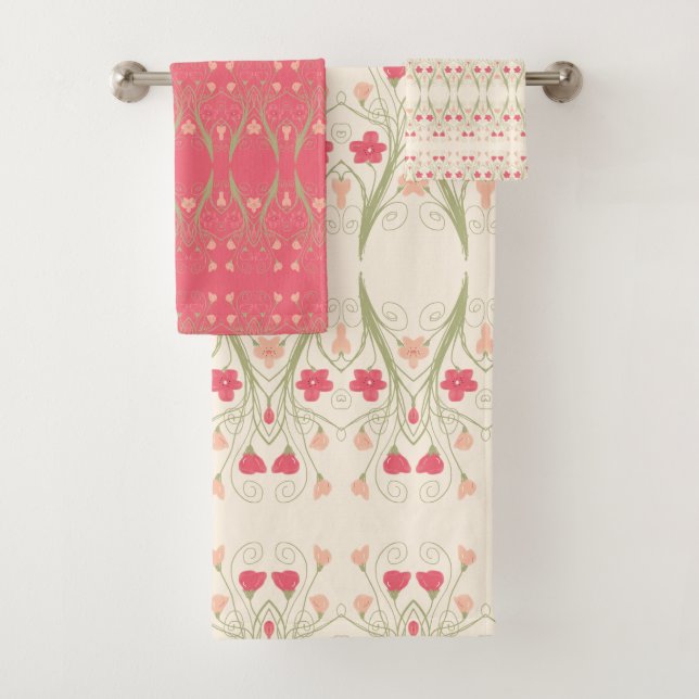 Pastel Peach With Pink and Green Bath Towel Set (Insitu)